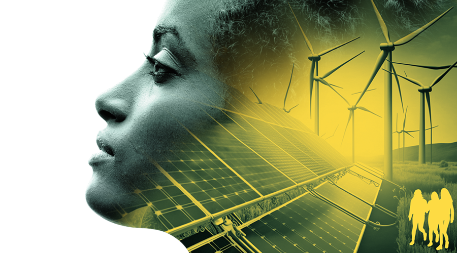 A woman's head combined with a landscape regarding energy.