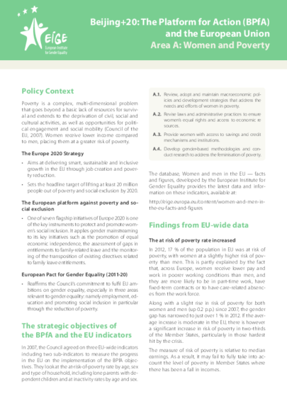 Beijing+20: The Platform for Action (BPfA) and the European Union Area A: Women and Poverty
